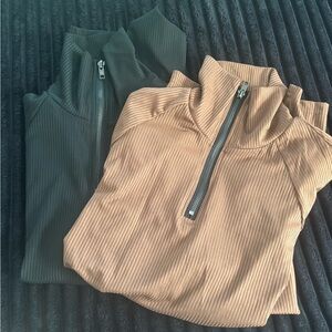 2 Long Sleeve 1/4 zipper tops - Black and Tan
